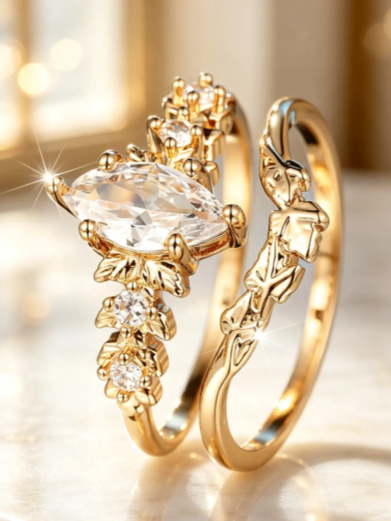 Marquise Zircon Bride Ring Set, Boho Baroque Engagement Wedding Rings, Romantic Stackable Jewelry, Ideal Gift for Women