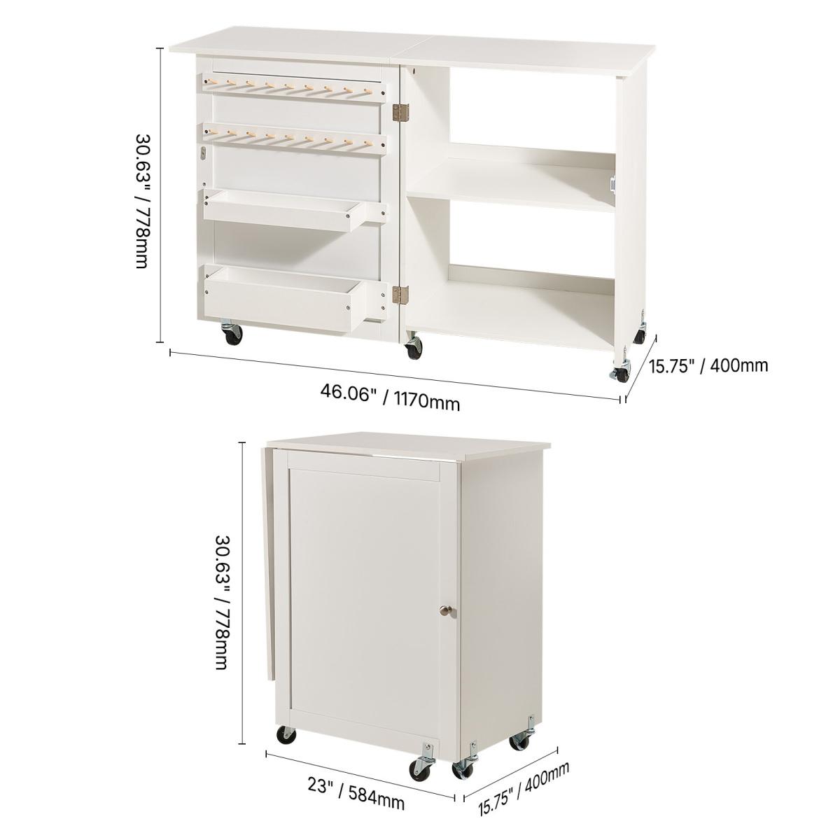 Folding Sewing Table with Lockable Wheels Storage Shelves Trays Door White