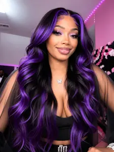 Black Purple Highlight Wig 13x4 Lace Front Wigs Body Wave Skunk Stripe Highlight Wig HD Transparent Lace Frontal Wig Free Parting Pre-Plucked Natural Hairline Heat-Resistant Synthetic Wig for Women Daily Wear Festival Party 28 Inches
