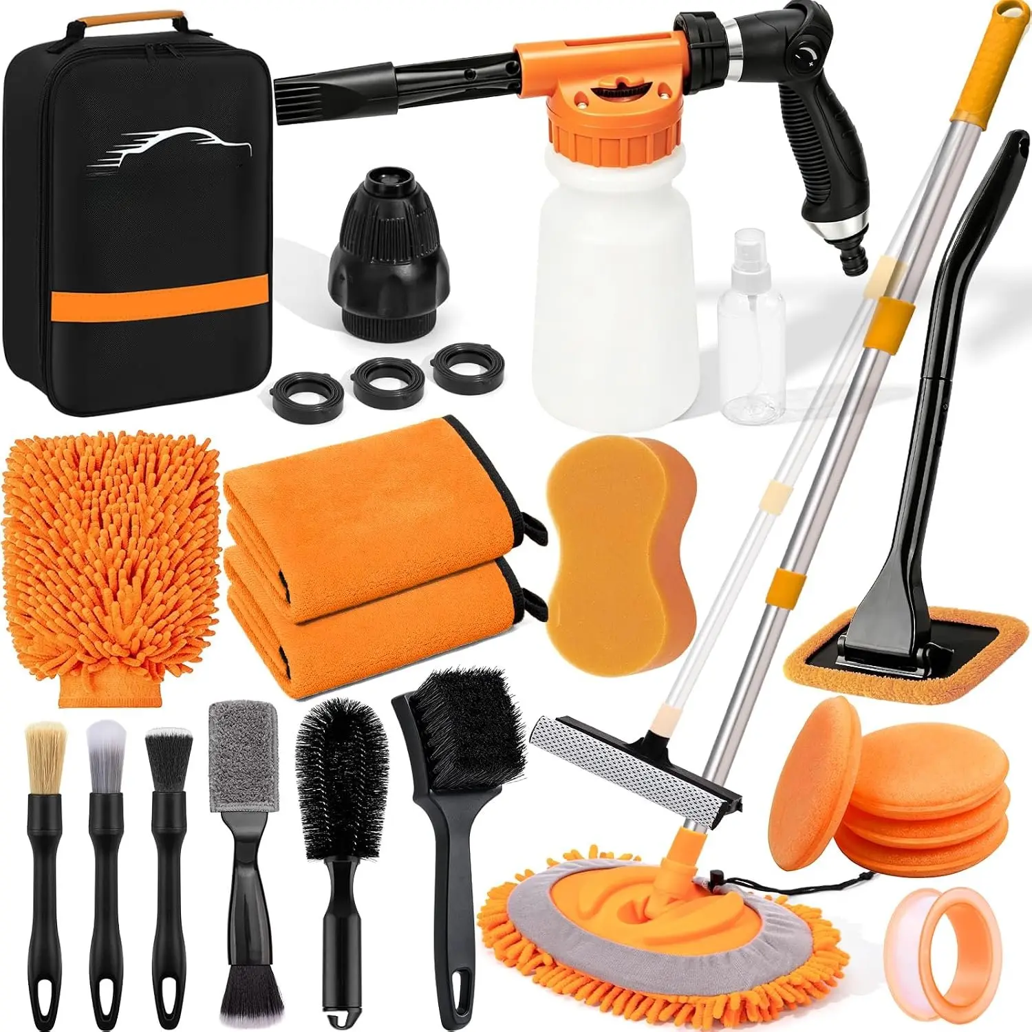 Wash Detailing Kit Cleaning Set with   Sprayer, Long-Handle Brush, Large Wash Mitt, Towels, Complete Interior & Exterior  Washing  Set (Orange)