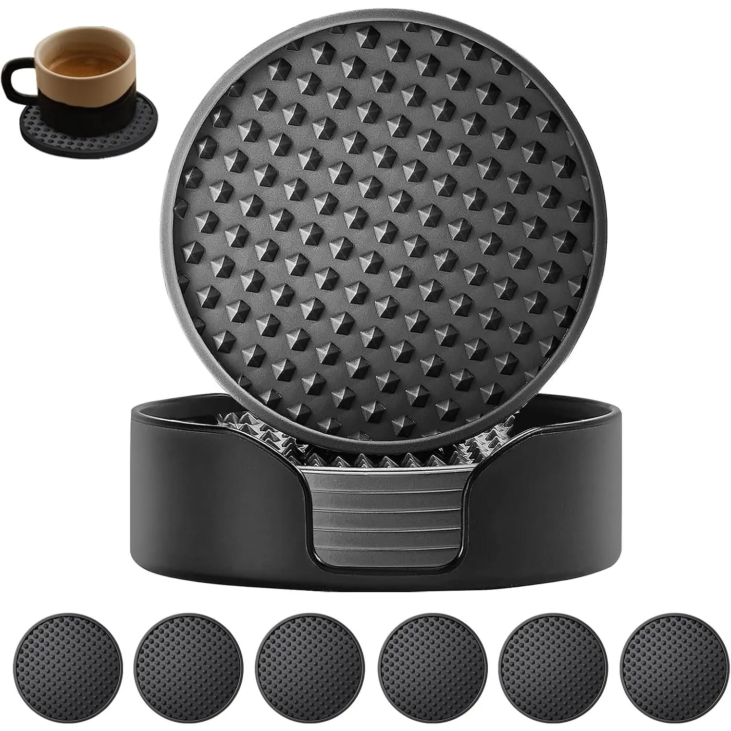 Coasters 6 Pack with Holder, Non-Slip Non-Stick Heat Resistant Cup Mat, Washable for  Office Bar (Black)
