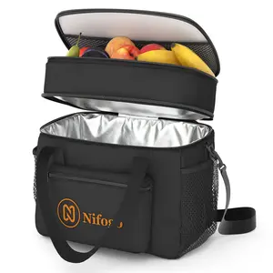 Large dual grid insulated bag waterproof foil lining hand shoulder home meal road trip food fresh storage tote