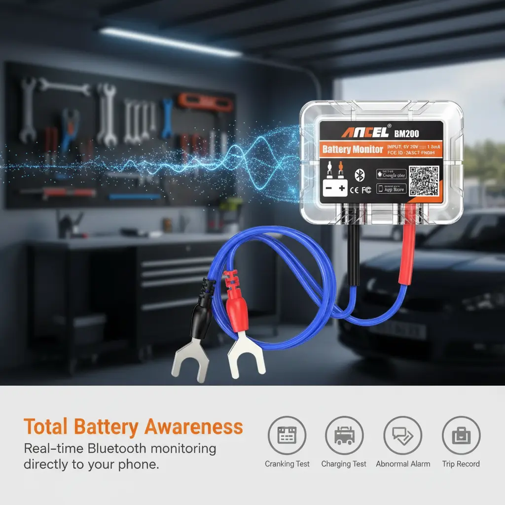 BM200 12V Car Battery Tester, Bluetooth Automotive Battery Monitor & Analyzer, IP67 Waterproof, Auto Cranking & Charging System Diagnostic Tool, Universal for 12V Batteries in Cars, Motorcycles, RVs, Trucks & Boats