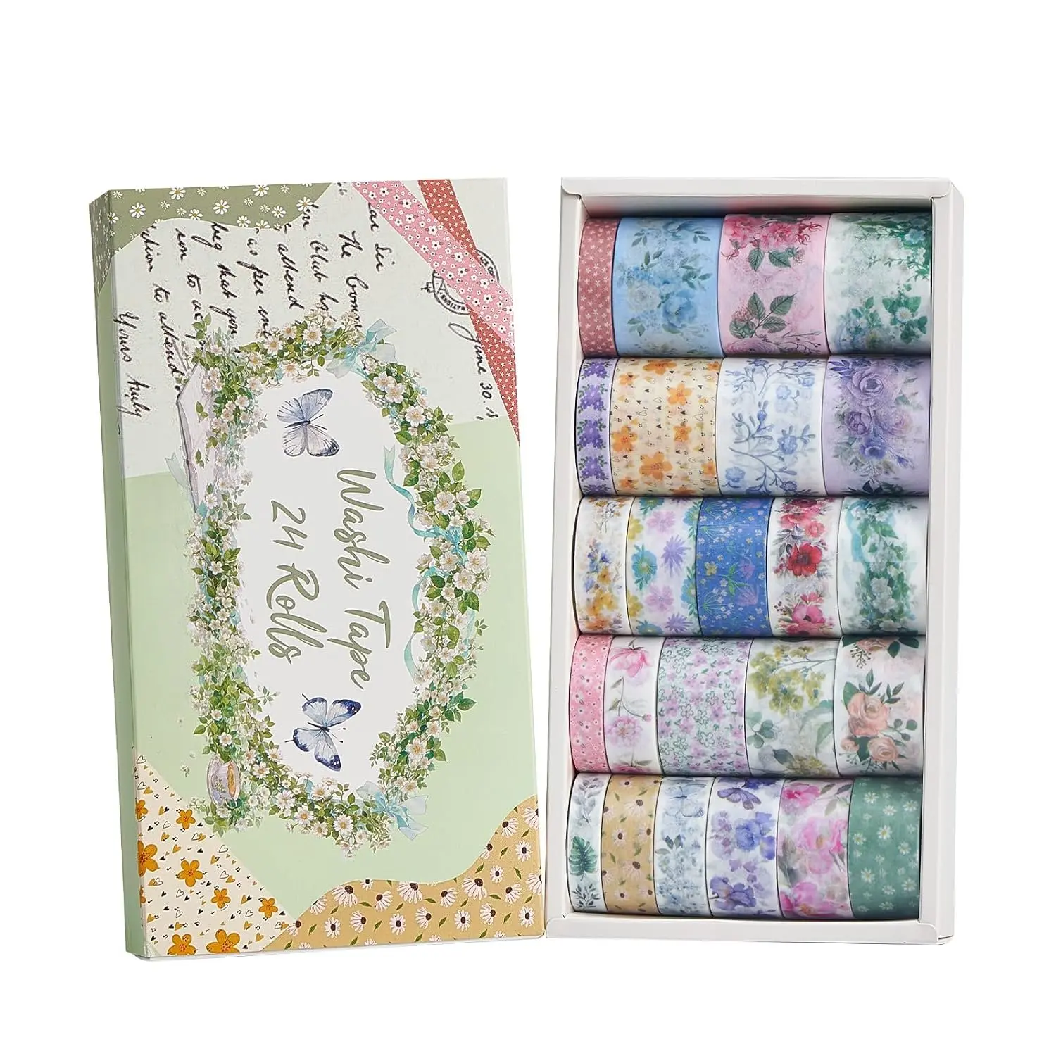 Floral Washi Tape Set 24 Rolls,Decorative Masking Tape for Junk Journal, Scrapbooking Supplies, DIY Crafting Supplies