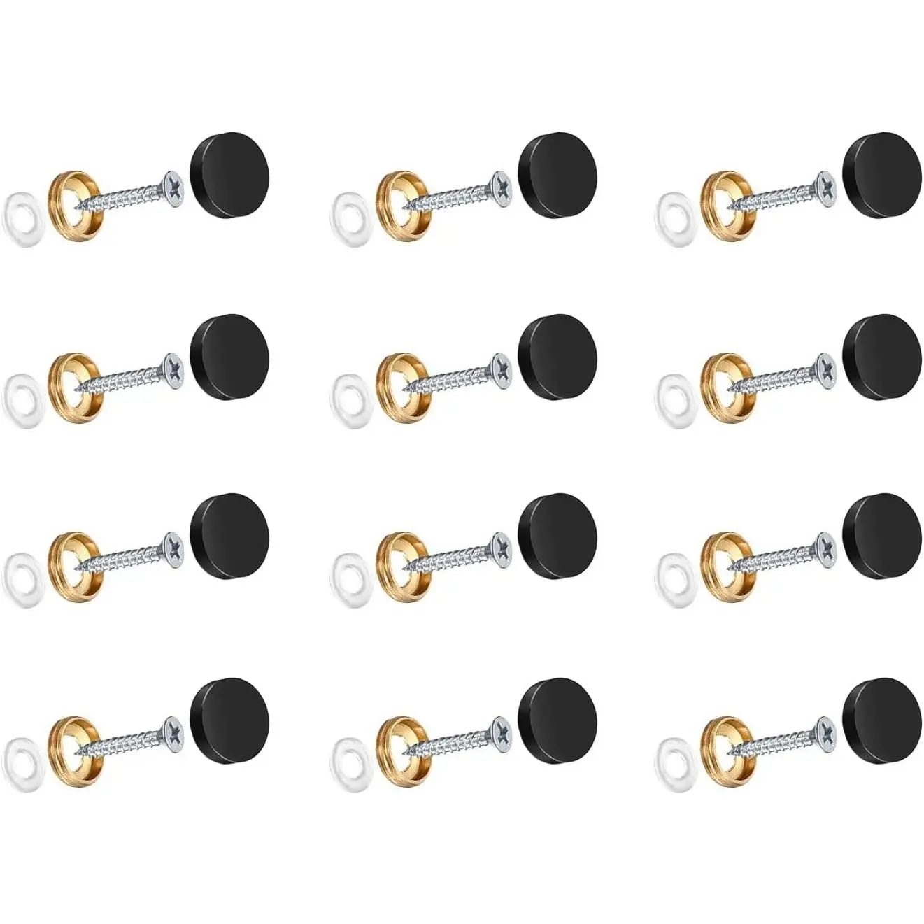 12pcs Mirror Screws with Decorative Cap Chrome Cover, Zinc Plated Mirror Nails 10mm with Brass Dome Rubber Washers for Furniture Fittings, Bath Plates, Tables, Wardrobes, Glass, Elegant Black