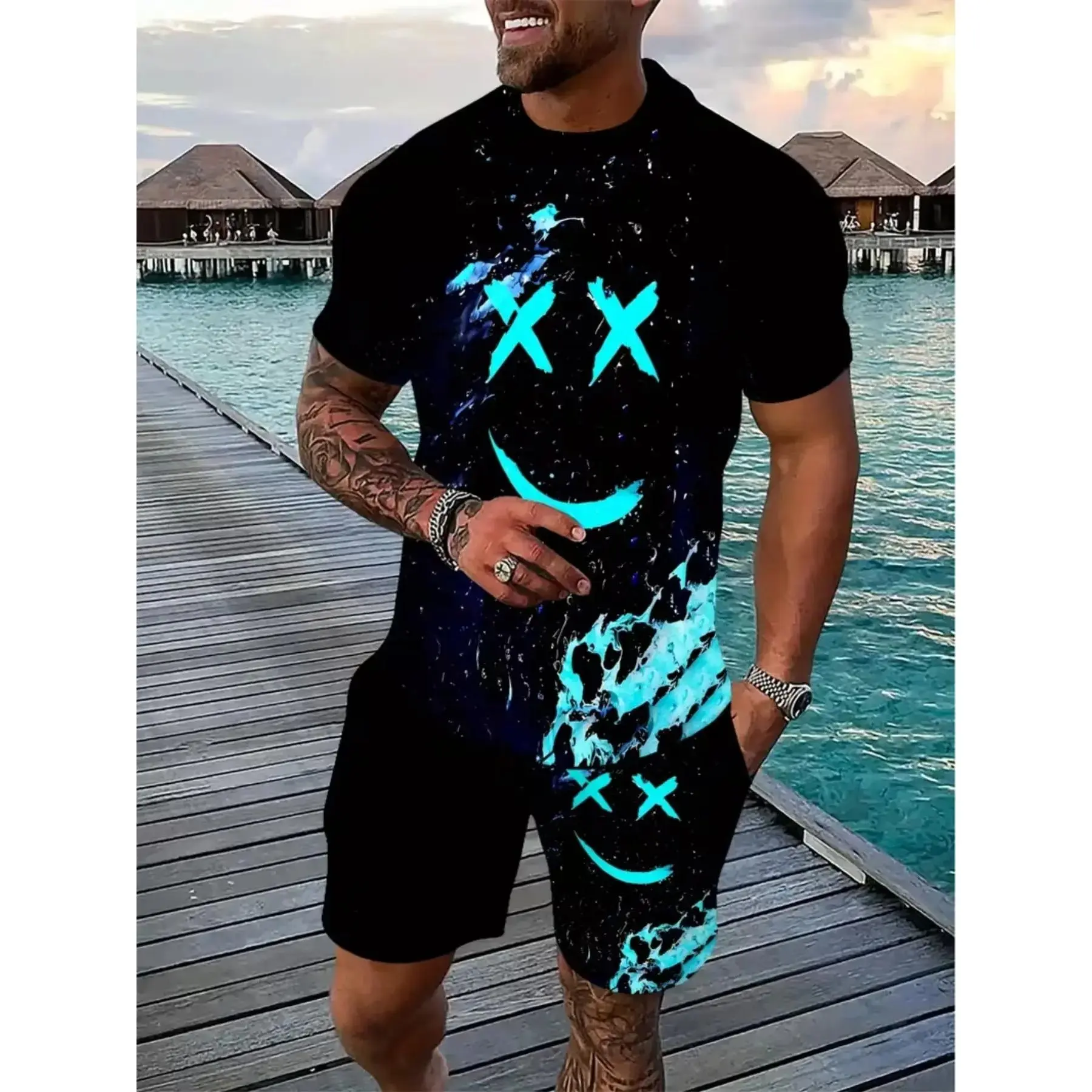 Dark Style Fluorescent Smile Men's Set, Graphic Tee Set, Vintage Menswear, Colorblock Design, Unique Streetwear, Athletic, All-Over Print, Casual Fit, All Seasons, Clothes