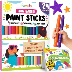 24 Thin Tempera Paint Sticks for Kids Washable (Coloring Book incl) | Non-Toxic Markers for Toddlers 1-3 | Works on Paper, Canvas, Wood, Cardboard - Painting Crayons, Art and Craft Supplies