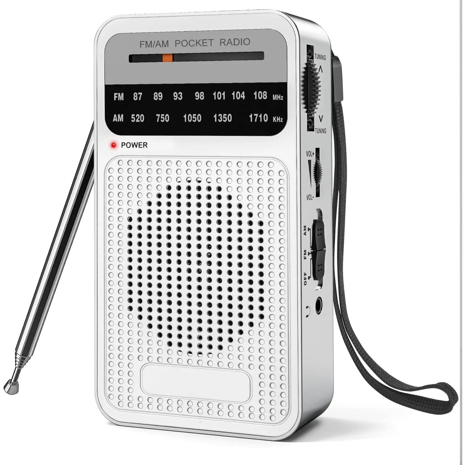 Portable Synthetic FMIAM AM FM Radio Player - Compact, Rugged, Long Range Antenna Reception, Transistor Design, Loud Stereo Speakers, Headphone Jack, 2AA Battery Powered, Handheld Toggle Button for Indoor/Outdoor Use