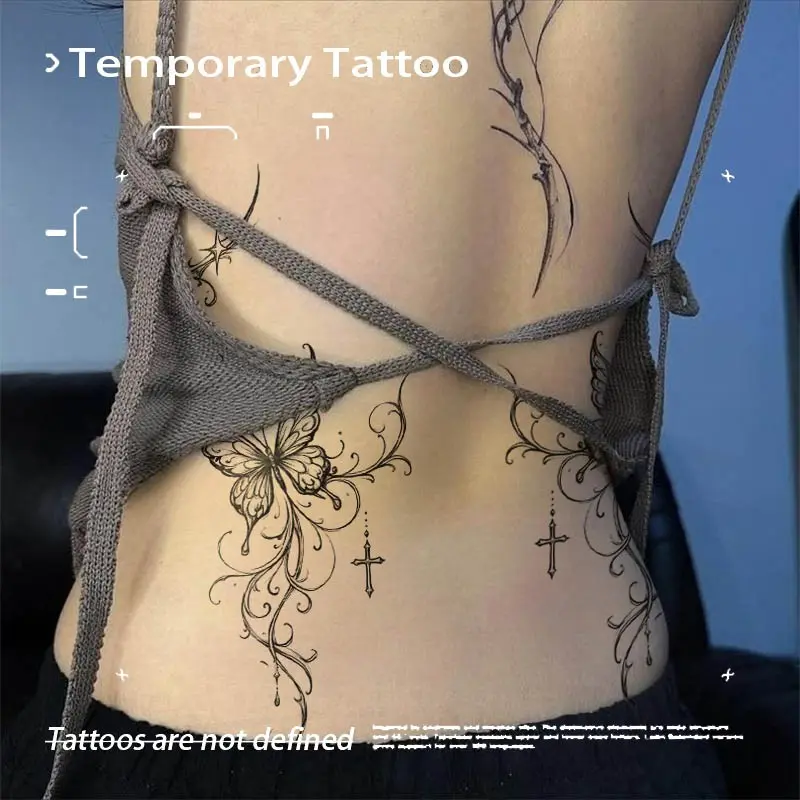 Gothic Scroll Butterfly Cross Waist Herbal Juice Temporary Tattoo Semi‑Permanent Waterproof Long‑Lasting Fake Tattoo Stickers for Women's Lower Back