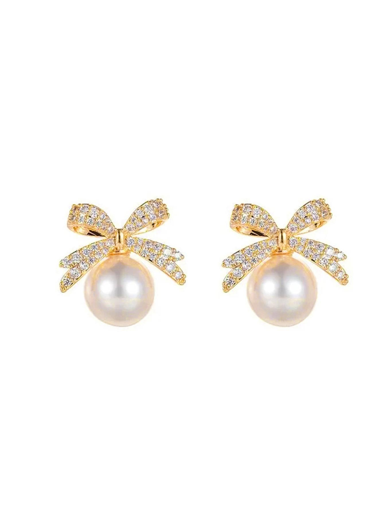 Summer Faux Pearl & Rhinestone Decor Bow Design Dangle High Quality Earrings, Elegant Jewelry for Women for Party, Daily Clothing Decor, Trendy Jewelry As Gift