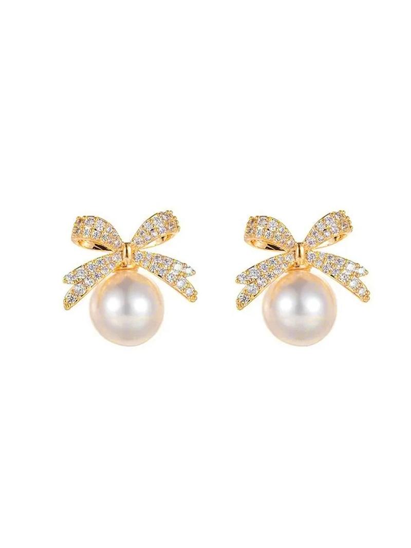 Summer Faux Pearl & Rhinestone Decor Bow Design Dangle High Quality Earrings, Elegant Jewelry for Women for Party, Daily Clothing Decor, Trendy Jewelry As Gift
