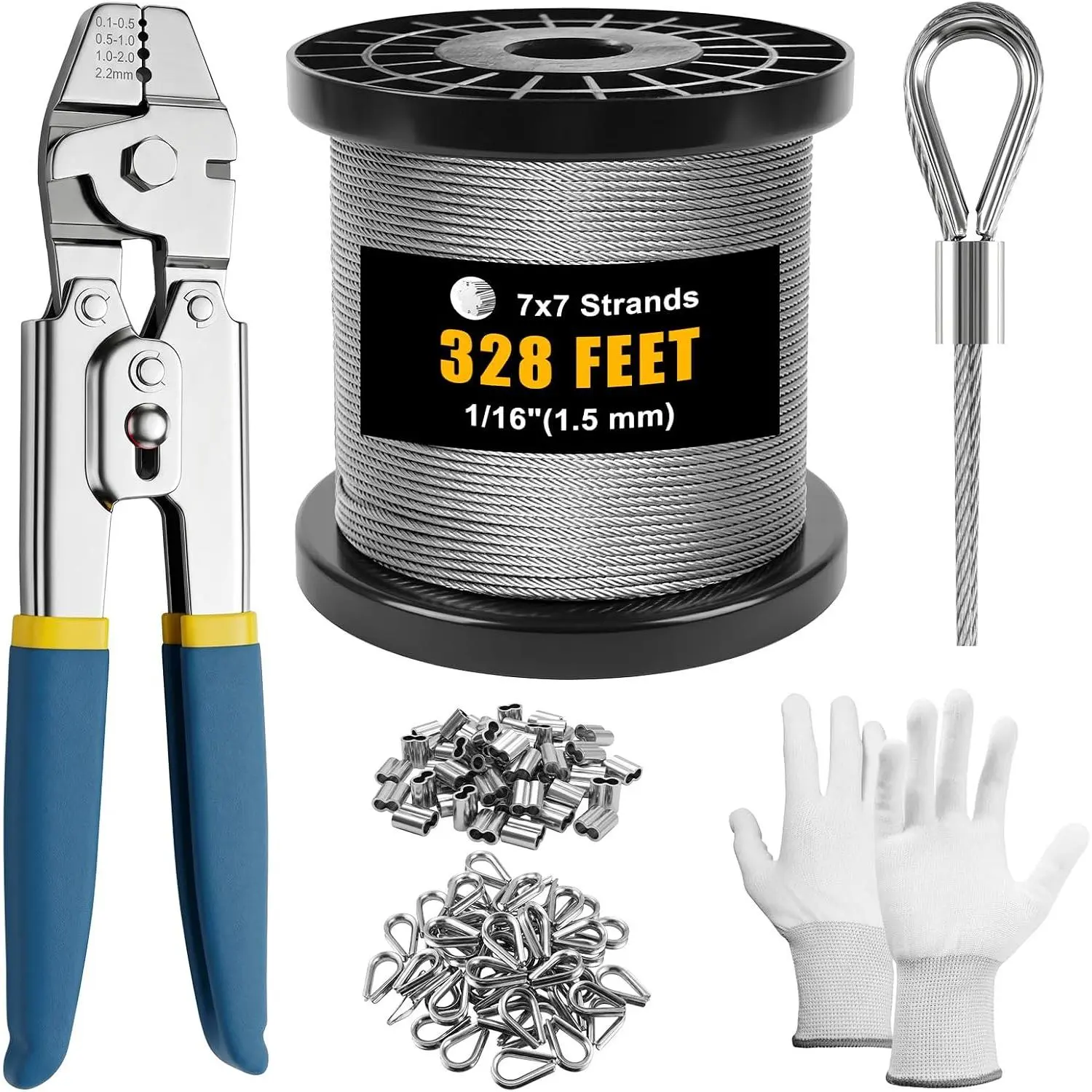 328FT Wire Rope Crimping Tool Kit, 1/16" Stainless Cable with, Duty Crimper, 210 PCS Aluminum Crimp Loop Sleeves, 50CS Thimbles, Gloves for Railing, String Lights, Fishing