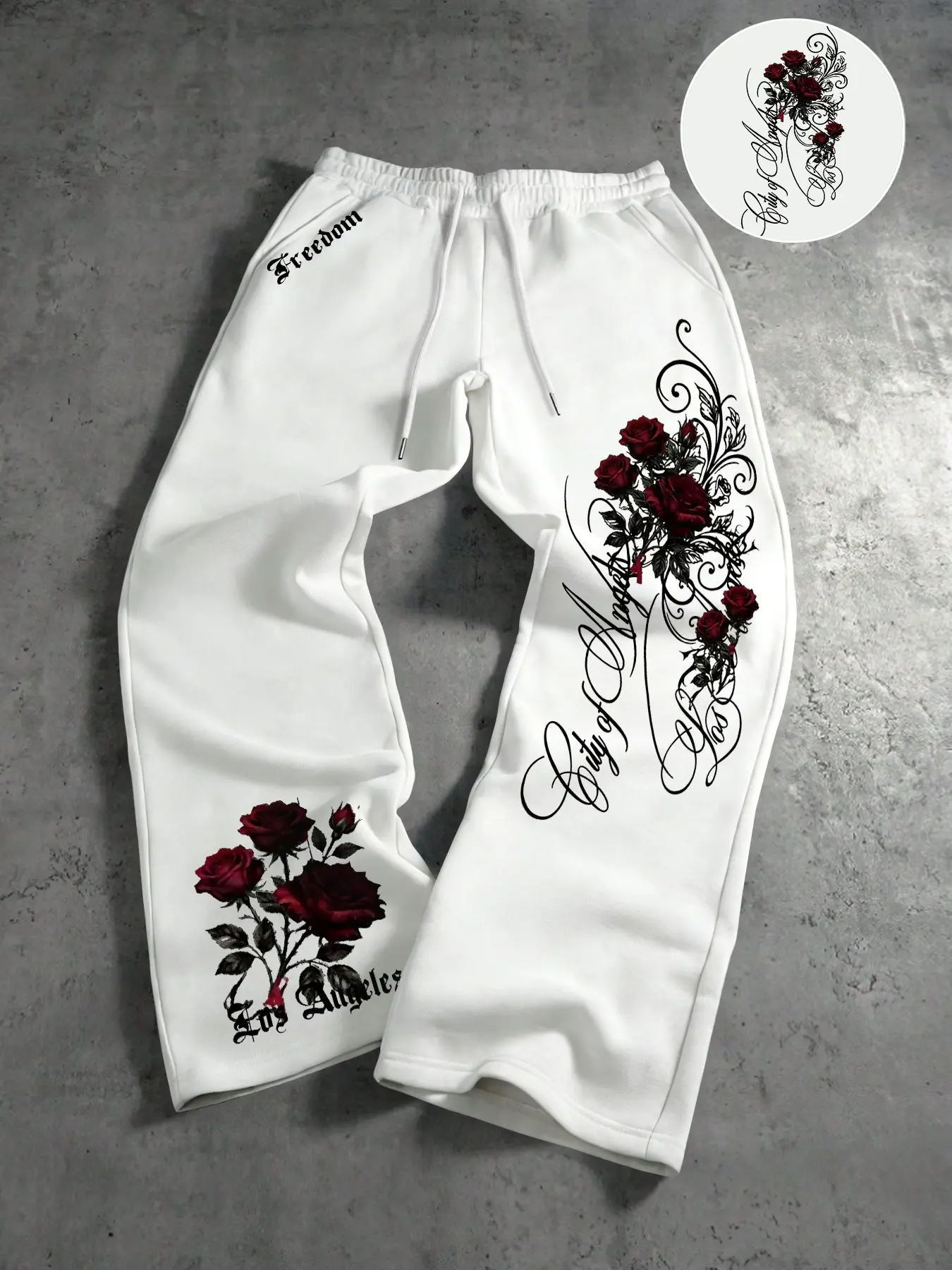 Dark Gothic Rose Floral Los Angeles Print Wide Leg Pants, Loose Fit Street Style, All Seasons, Unlined, Couples' Casual Wear, Casual Streetwear Trousers