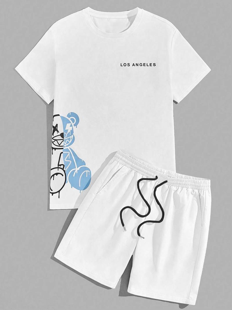 Two-Piece Set Men's Cartoon Bear & Letter Print Short Sleeve Tee & Shorts Set, Regular Fit Casual Round Neck T-shirt & Track Shorts, Summer Clothes Set for Men