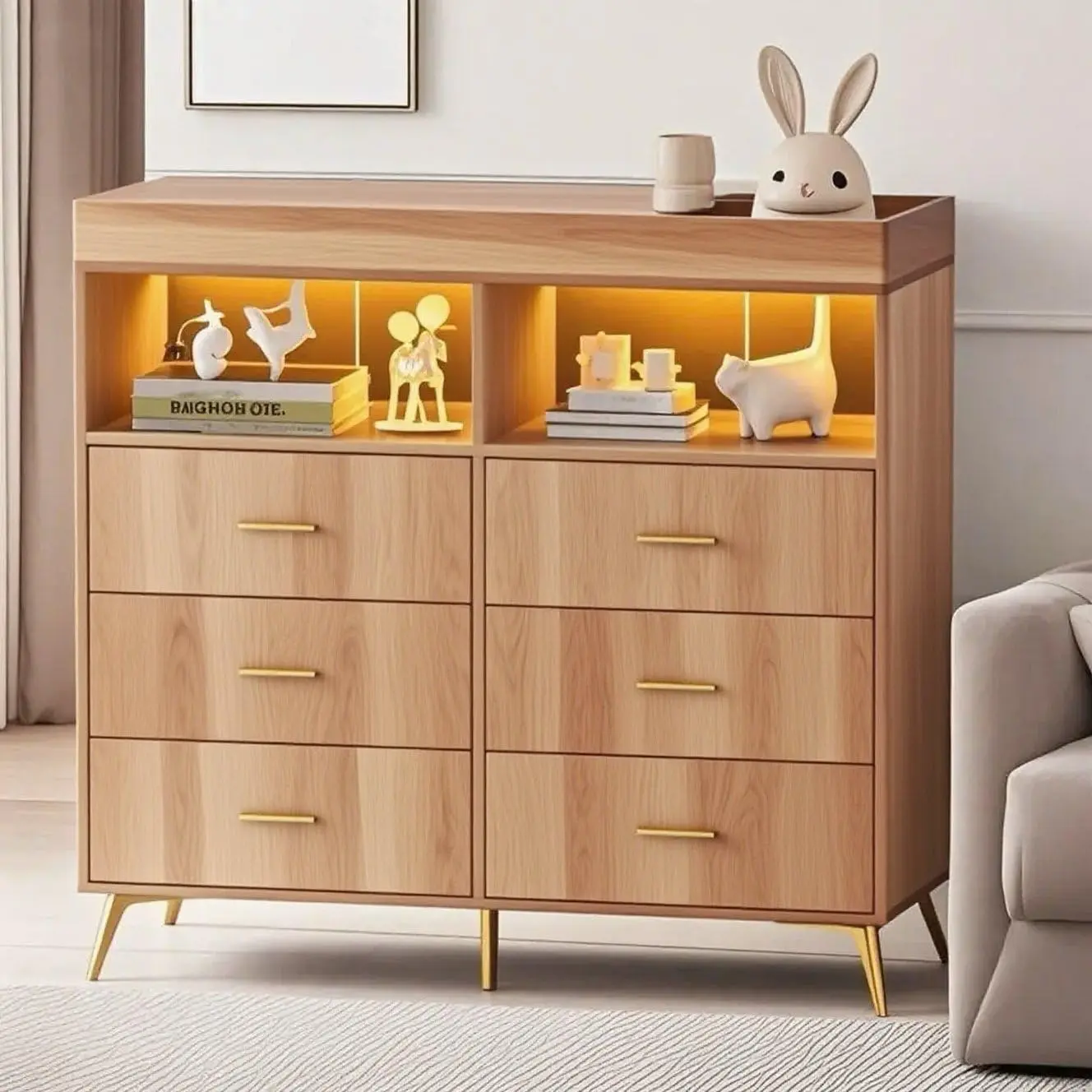 6-Drawer Baby Changing Table Dresser with LED Lights, Removable Changing Top & Charging Station – Modern Nursery Storage Organizer – Anti-Tip Design Diaper Changing Station for Bedroom