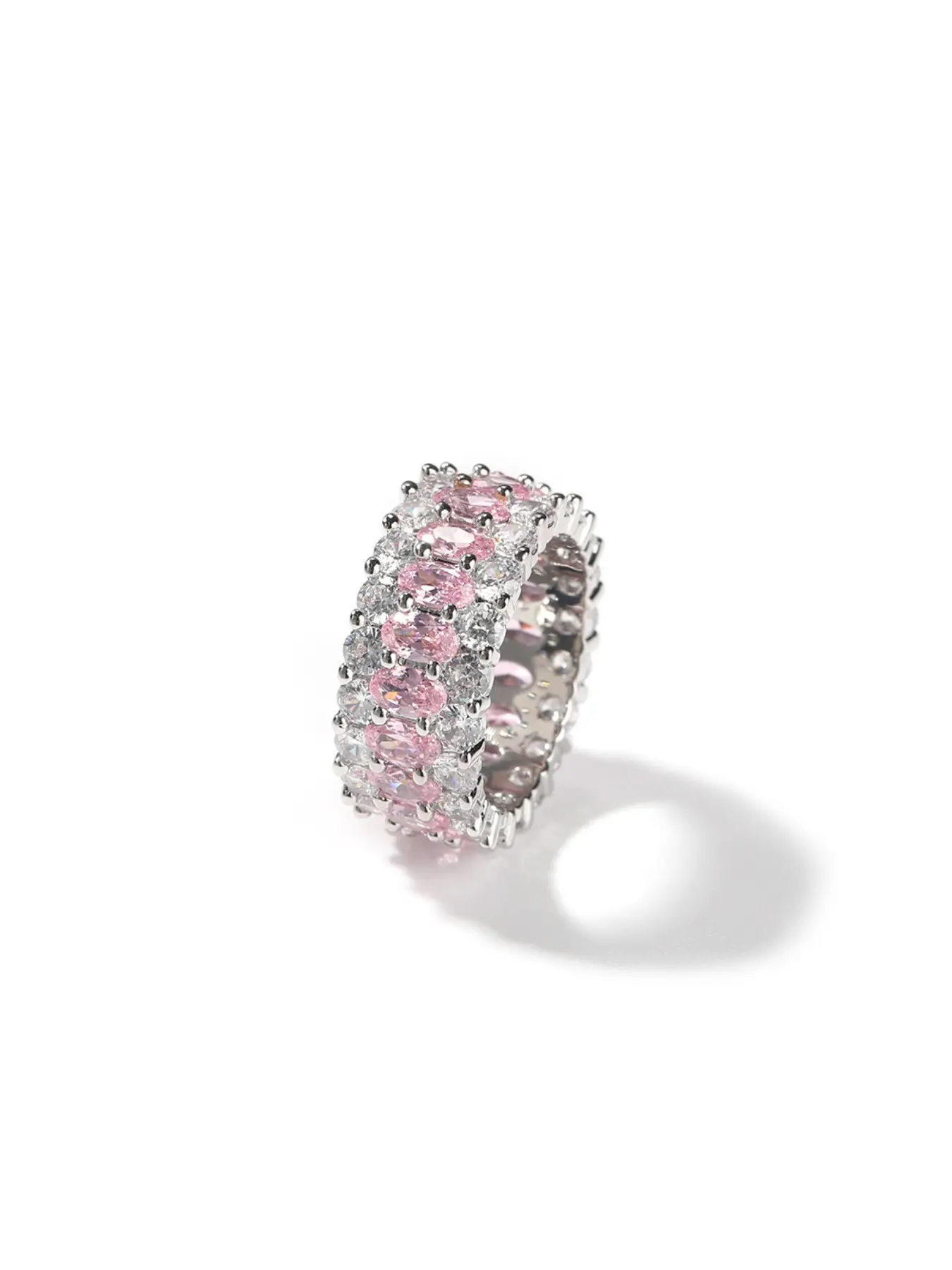 Iced Out Oval Pink White CZ Eternity Band Ring, Copper Base, Silver Tone & White Gold Tone, Sizes 6-9, Fashion Jewelry, Couple Matching Chunky Statement Ring for Men Women