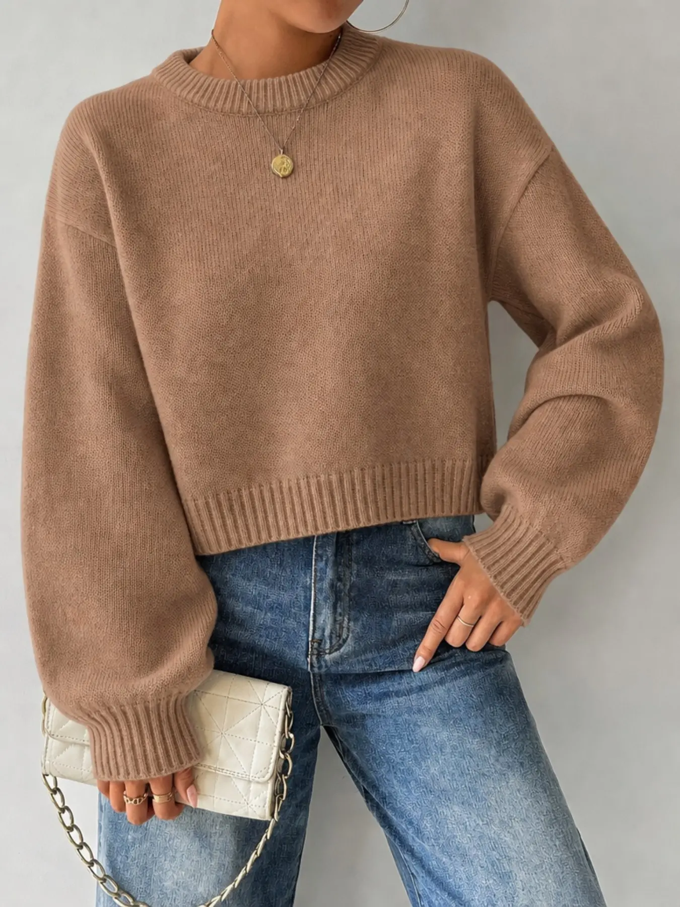 Women's Short Knit Sweater, Round Neck Bubble Long Sleeve Drop Shoulder Pullover, Loose Ribbed Hem Soft Knitted Top, Fall Daily Casual Street Style