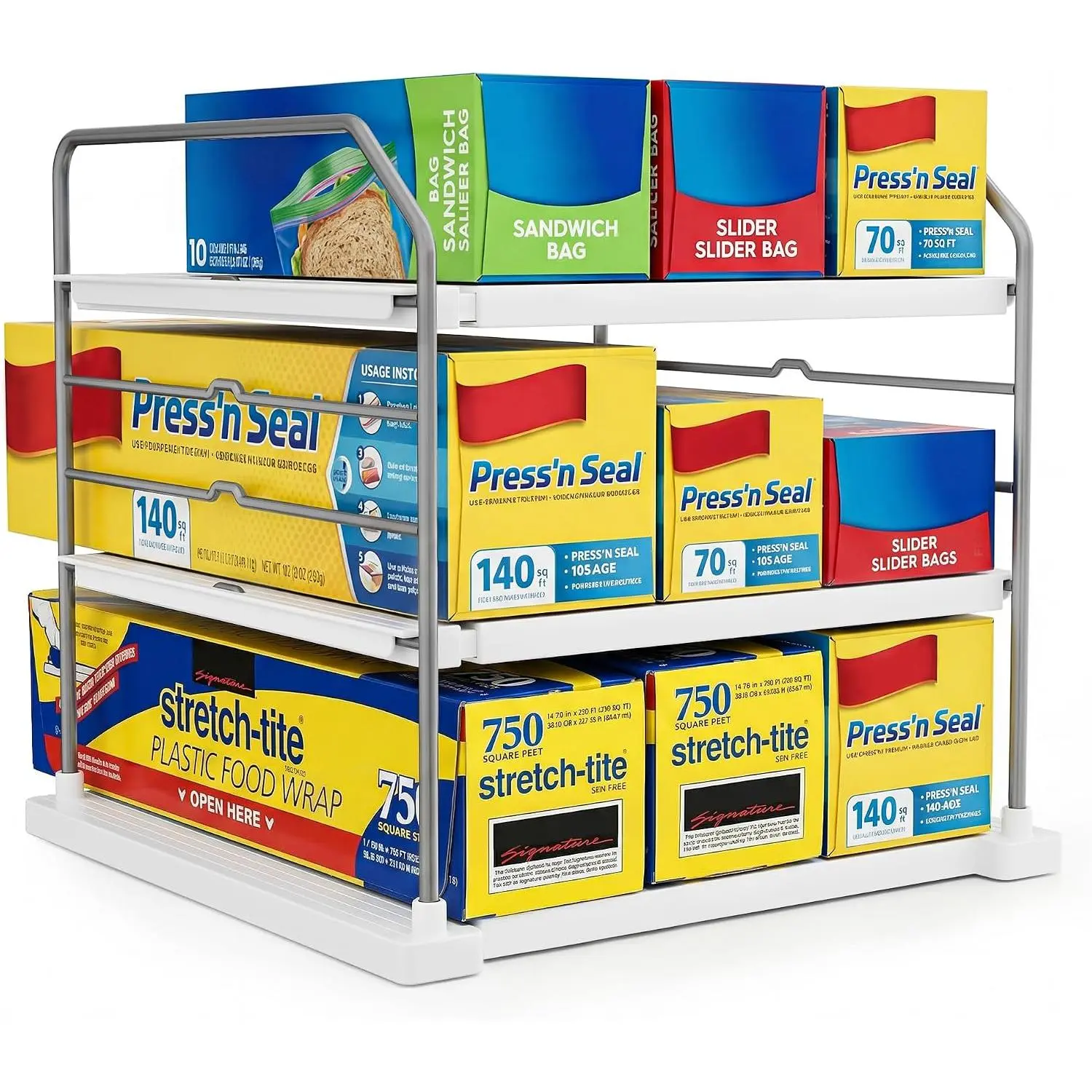 Extendable 3-Tier Kitchen Cabinet & Pantry Organizer for Plastic Wrap, Foil & Storage Bags, Adjustable Heavy Duty Shelf Rack for Wrap Boxes, Jars & Snack Boxes (11–16.7 in Wide), Pack of 2