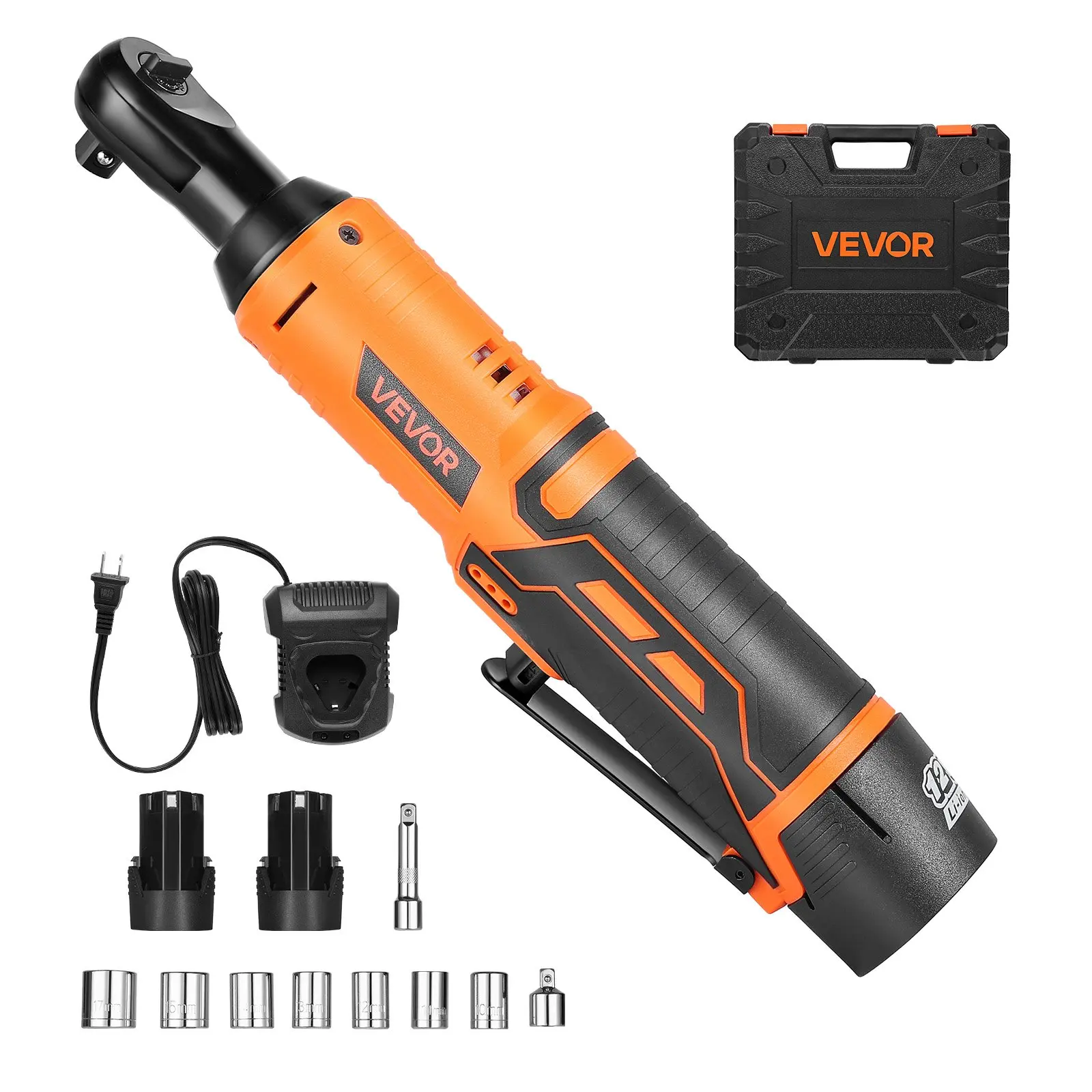 【Summerfinds】VEVOR 3/8 in Drive Cordless Ratchet Wrench Set - 240 RPM, 33 ft-lbs Rechargeable High Torque, 2x 2000 mAh Lithium Batteries, Charger, Sockets, Adapter, Extension Bar, LED Light, 4.94 lbs Cordless Power Tools for Mechanics