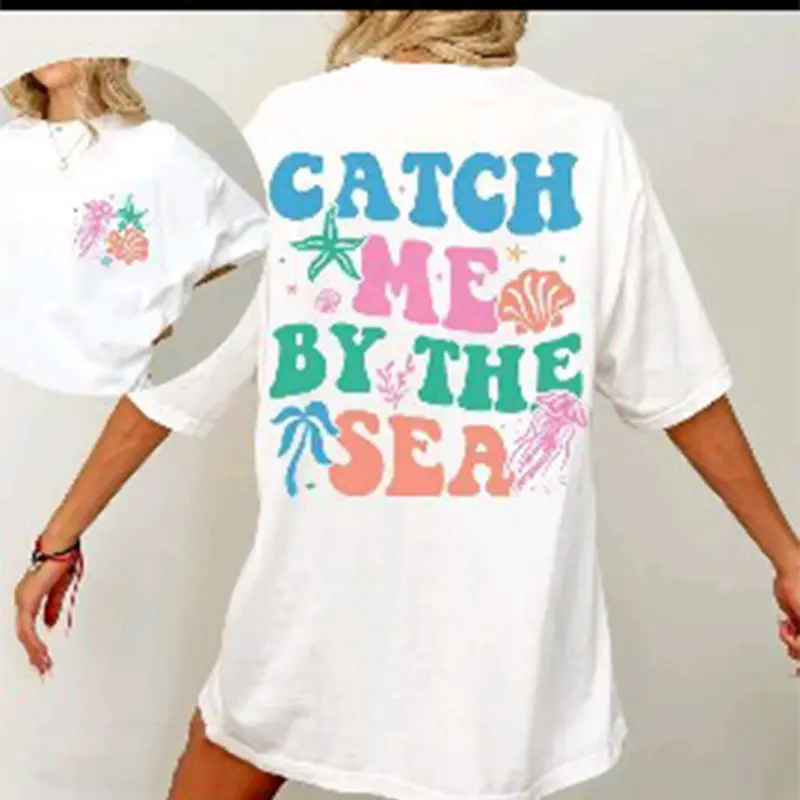 Starfish Shell Coastal Beach Graphic Oversized Crew Neck T-Shirt, Soft Loose Fit Comfy Casual Summer Daily Holiday Beach Trip Ladies Top
