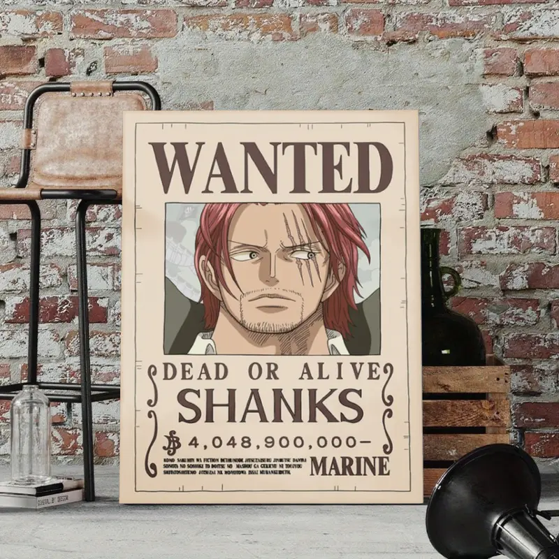 Shanks Wanted Poster Canvas Wall Art Red Hair Dead or Alive Vintage Kraft Paper Style Anime Manga Art Print Wall Decor for Gaming Room Boy Bedroom Unframed Hanging Canvas Wall Paintings Bedroom Aesthetic Canvas Print
