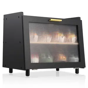 2-Tier Bamboo Bread Box for Kitchen Countertop, Farmhouse Extra Large Bread Bin Storage Keeper with Fluted Acrylic Window & Gold Handle, Modern Black Corner Organizer for Pastries Fruits & Spices, Flat Top Extra Space (15.35"x9.84"x12.71")