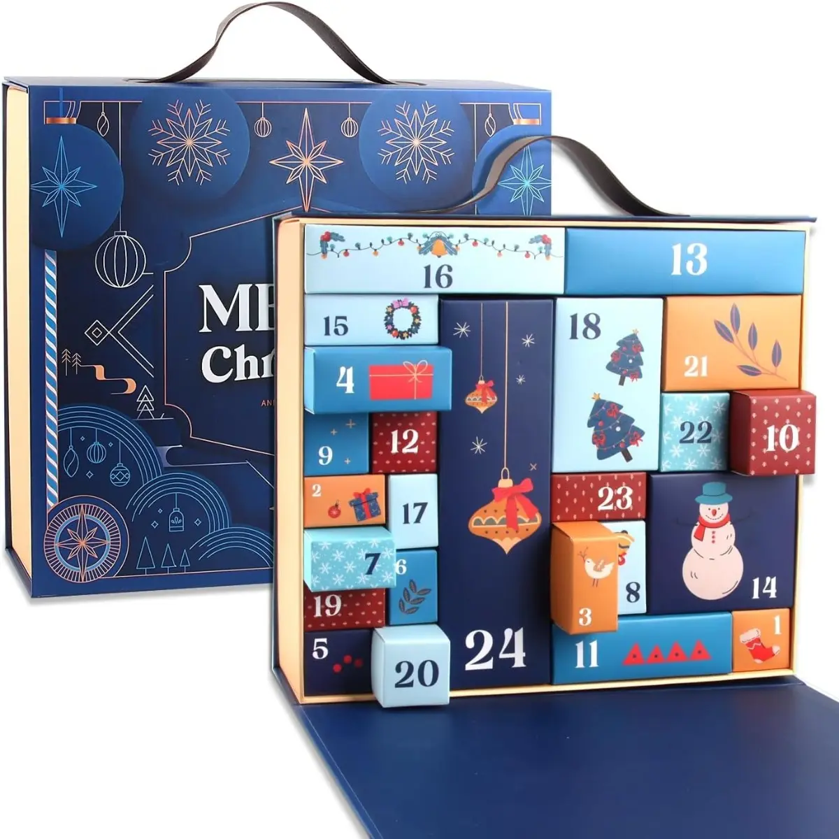 Navy Blue Fillable Advent Calendar Empty Gift Box 24 Grids Reusable Surprise Mystery Box Container DIY Christmas Holiday Gift Packaging Box Decor for Him Her Adults Friends Family Unique Present Box Decoration