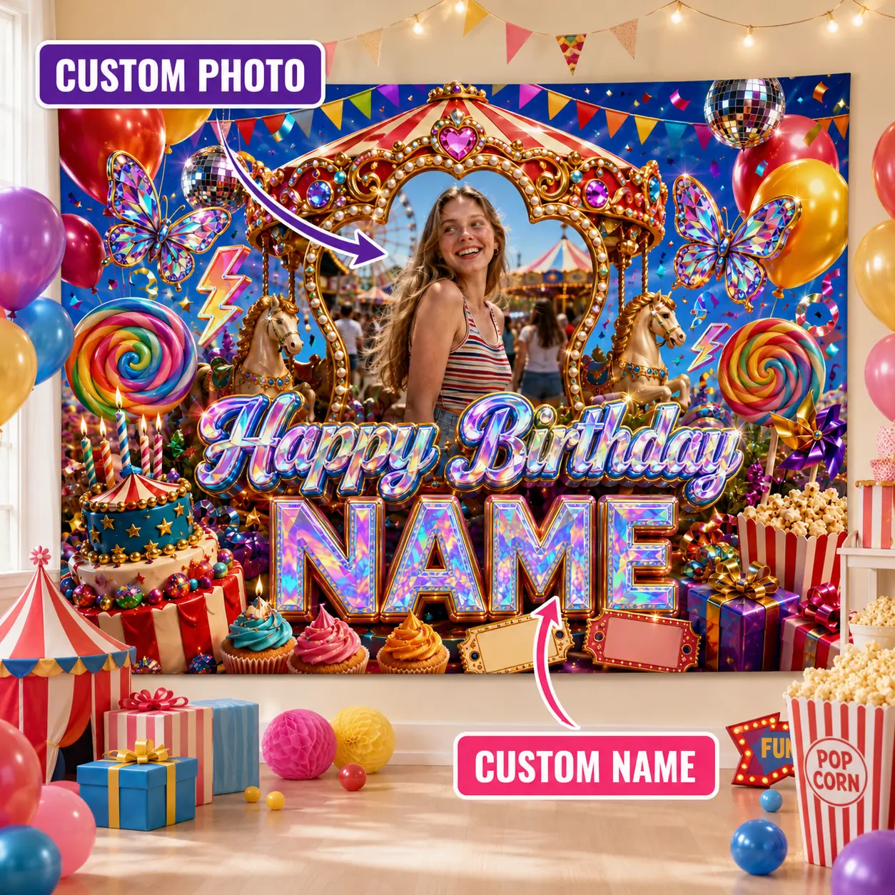 Personalized Carnival Birthday Backdrop with Photo and Name, Carousel, Butterflies, Balloons, Candy and Cake Party Decor