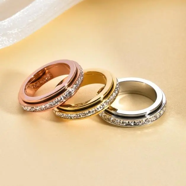 Titanium Fidget    Anxiety Relasing, Full Cubic Zirconia  Eternity Wedding Band  Love Statement Jewelry, Hypoallergenic Stainless Steel Gold    No Tarnish women rings summerwins, Anti Anxiety Jewelry