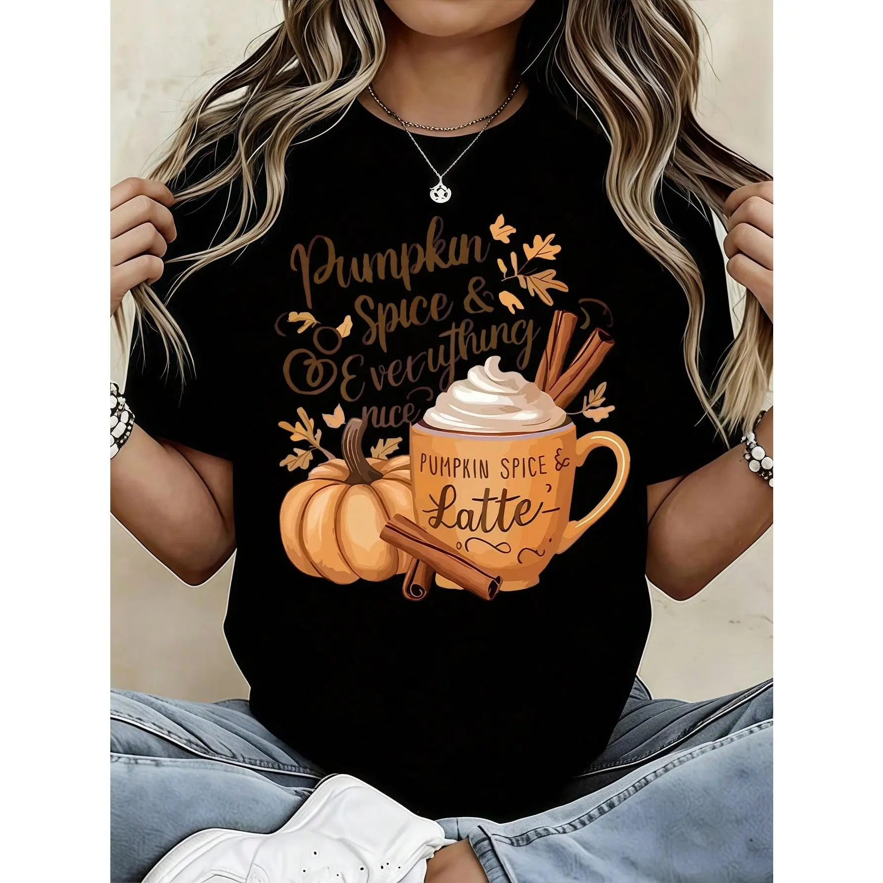 Women's 100% Cotton Short Sleeve Graphic Print T-Shirt - Fall Pumpkin Spice & Cinnamon Pumpkin Latte Vintage Crew Neck Streetwear Top, Casual Wear Tee