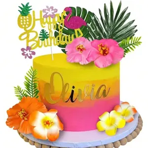 13-Piece Hawaiian Flamingo Cake Decorations, Tropical Flower Palm Leaf Birthday Cake Toppers, Summer Party Cake Decoration Set