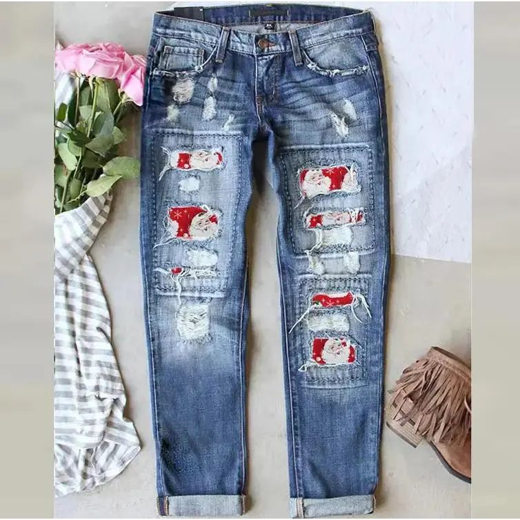 Women's Fitted Cotton Spandex Bottoms - New Winter Christmas Printed-Ripped Button Thick Long Jeans, Casual Festive Style Holiday Gatherings