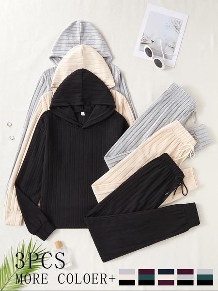 Women's Homecoming Set, 6-Piece Long Sleeve Hoodie Top & Ankle-Length Pants, Ribbed Brushed Fabric, Casual Comfortable Daily Wear, Winter Wear