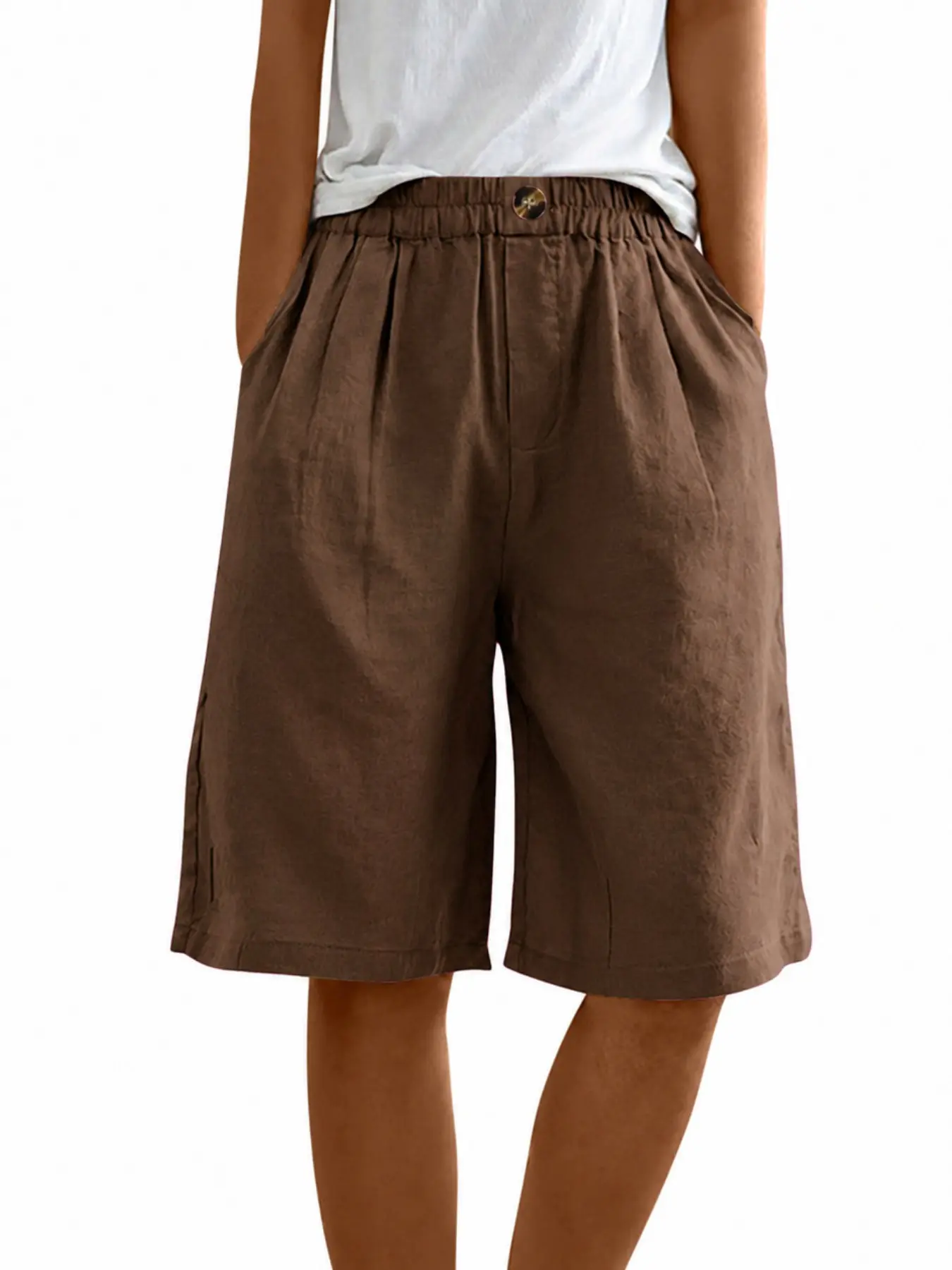 Women’s Casual Bermuda Shorts, Elastic High Waist, Loose Fit, Baggy, Wide Leg, Knee Length, Pockets, Lightweight Linen Look, Summer Lounge Shorts