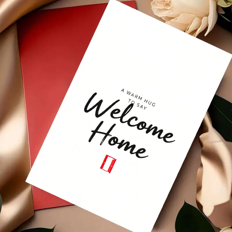 A minimalist-style welcome home greeting card, featuring a warm embrace message and a red door icon, with a blank interior, suitable as a housewarming gift