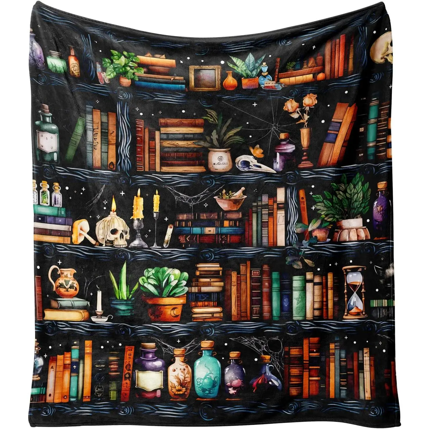 Book Lovers Bookshelf Flannel Blanket,Halloween Witches Bookshelf Skulls Black Cat Potions Fleece Blankets For Women Throw Blanket For For Dark Academia Spooky Season Halloween Decor