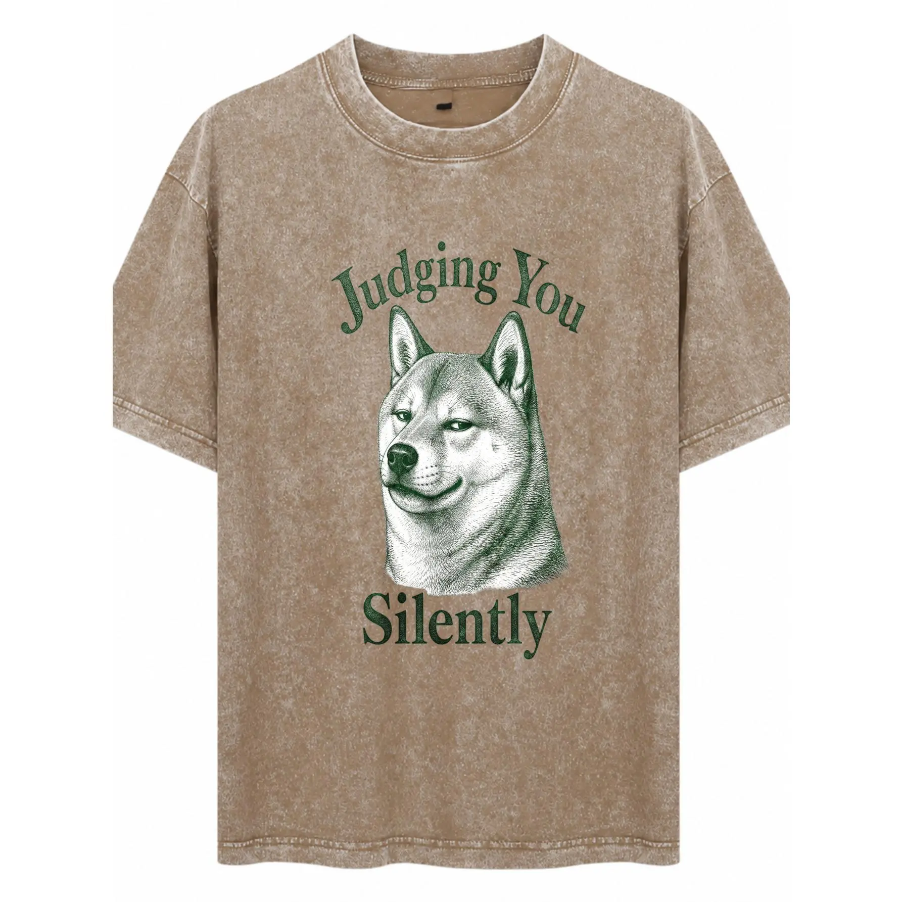 Men's Unisex Heavyweight Acid Wash Cotton Crew Neck Short-Sleeve T-Shirt - Streetwear Top, Silent Dog Graphic Screen Print, Casual Wear, S