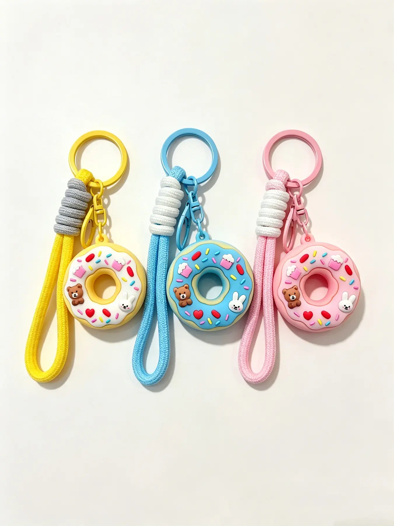 Cute 3D Silicone Donut Keychain, Braided Wrist Lanyard, Bear Bunny Charms, Pastel Color, Bag Pendant, Sweet Food Key Ring, Gift for Teen Girls Women