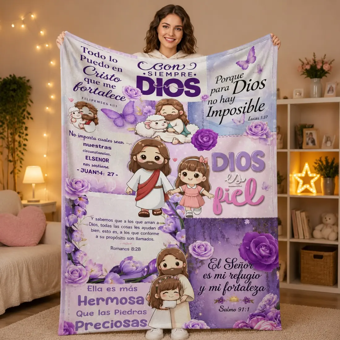 Spanish Inspirational Jesus Scripture Flannel Throw Blanket, Religious Faith Purple Rose Print Blanket, Soft Lightweight Sofa Bedding Throw, Ideal Housewarming Anniversary Spiritual Gift For Christian Believers