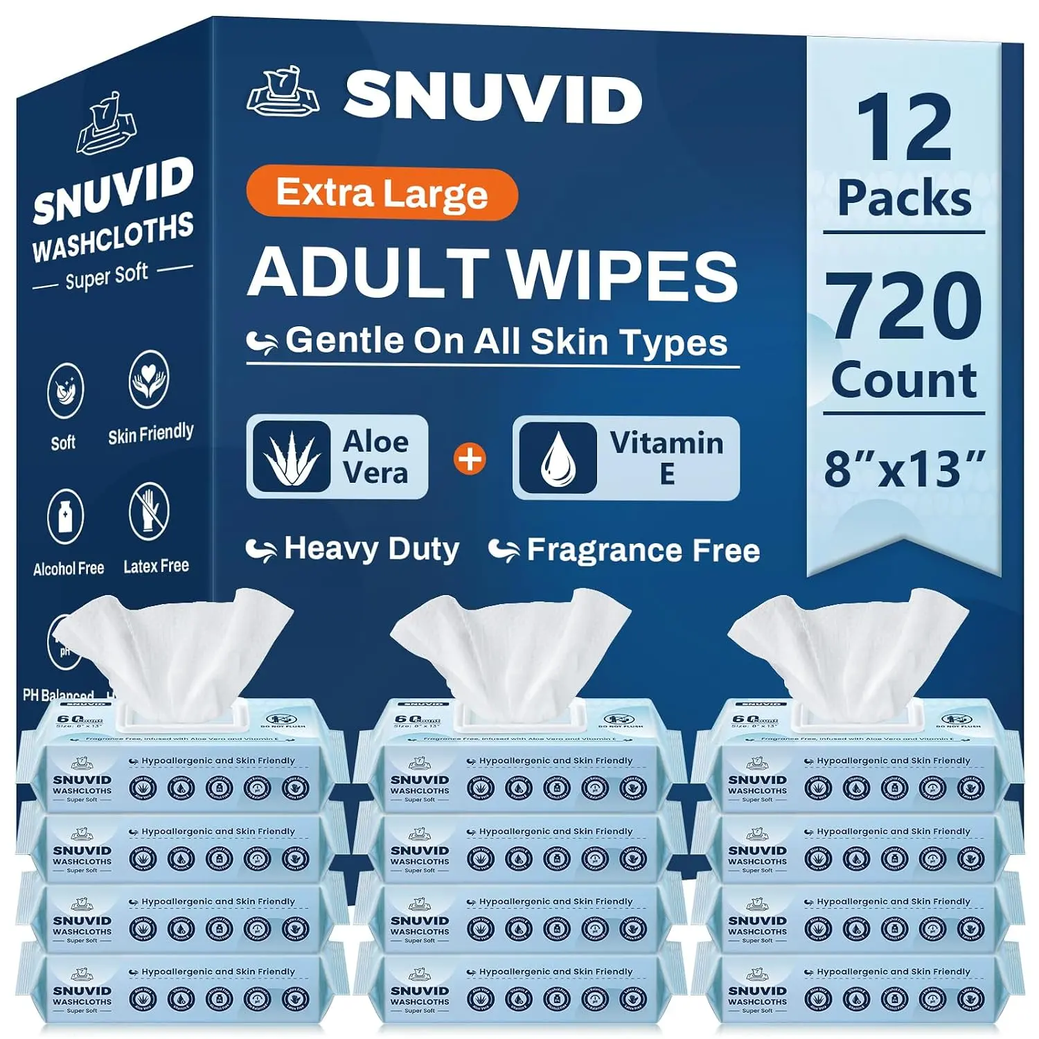 Adult Wipes for Elderly - 720 Count Extra Large 8"x13" Disposable Washcloths Rinse Free Bathing Wipes for Incontinence & Bedridden Care - Thick, Soft & Unscented with Aloe & Vitamin E (12 Packs of 60)