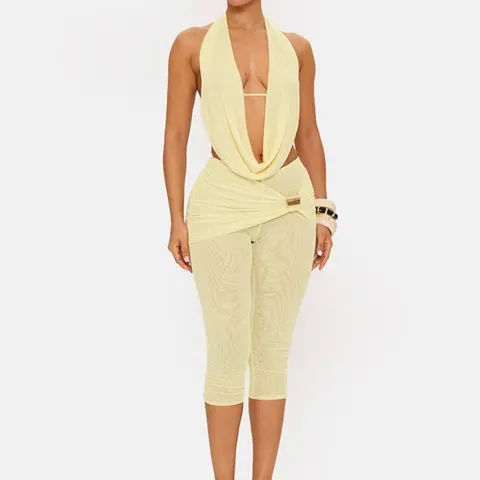 Women's Plain Deep V-Neck Backless Top & Ruched Fitted Cropped Pants Set, Faux Two-Piece Design, Perfect for Parties & Gatherings Outfits Set