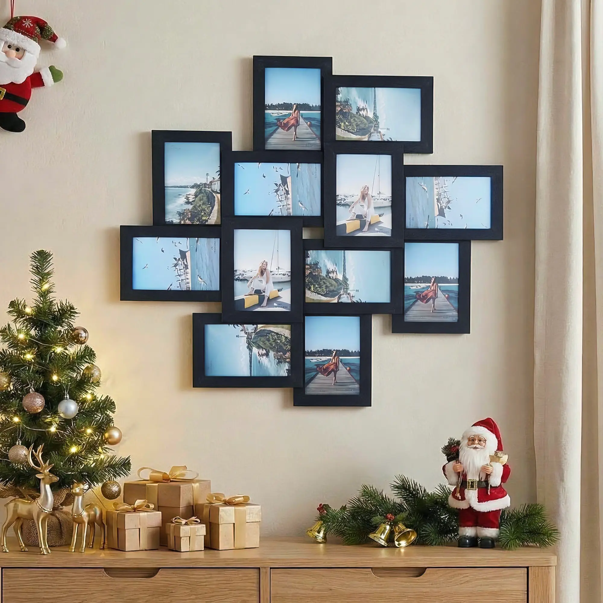 Black 12-Pcs Modern Interlocking Collage Photo Frame Set - 4x6 MDF & Glass Frames with Shatterproof Crystal-Clear Glass, Home Decor for Collage Walls, Ideal Gift, Black 12Pcs