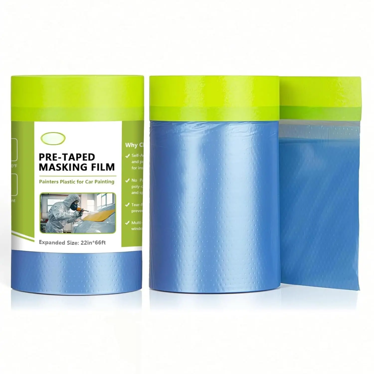 Pre-Taped Masking Film for Painting (2 Rolls, 22" x 66'), Resistant Painters Plastic with Tape, Drop Cloth for Automotive Use, Floors/Walls Protection Cover