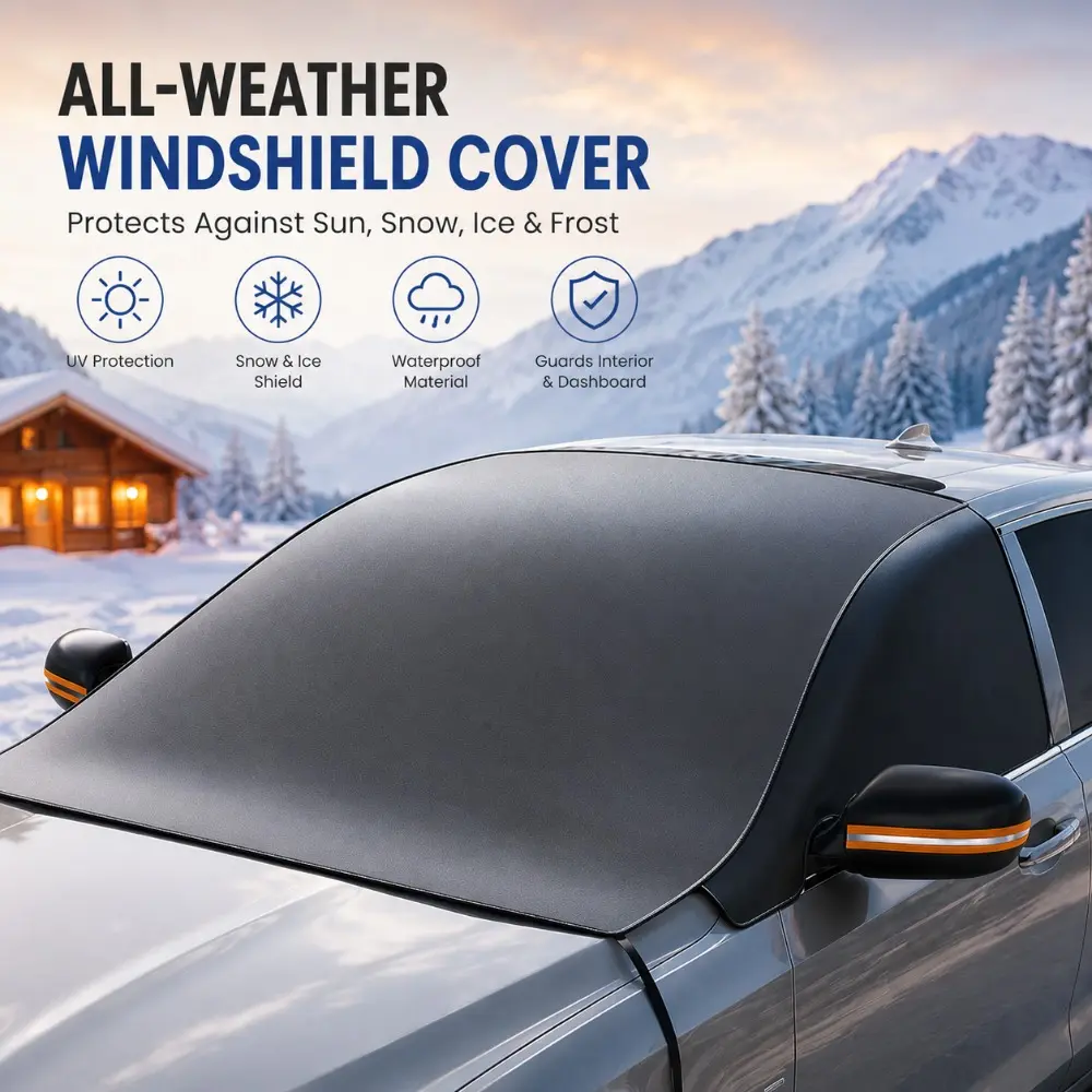 Full-coverage car windshield protector, Windshield shade protector, extending to cover side mirrors, offering sun, frost, snow, rain, and intense sunlight protection