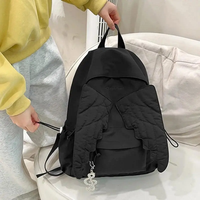 Cute Angel Wings Quilted Backpack Fashion Nylon School Bag Stylish Embroidered Pattern Casual Backpack Spacious Daily Travel Bag
