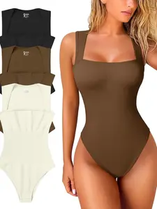Minimalist Solid Color Wide Strap Stretch Tight Bodysuit, Casual Y2K, All Seasons Romper, Organic Textile, Plain Pattern