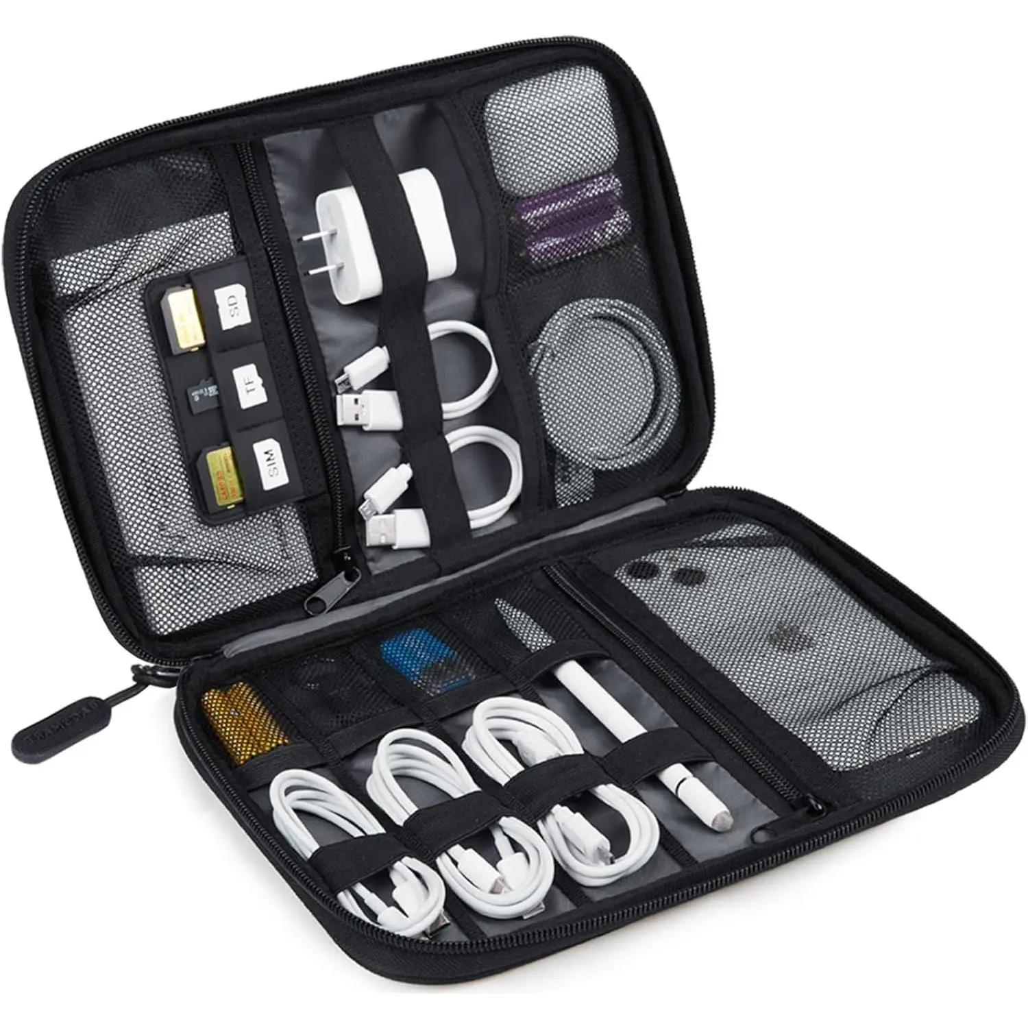 Large Electronics Travel Organizer Case, Tech Accessories Cord Storage Bag for Phone, Power Bank, SD Card, Cables, Black