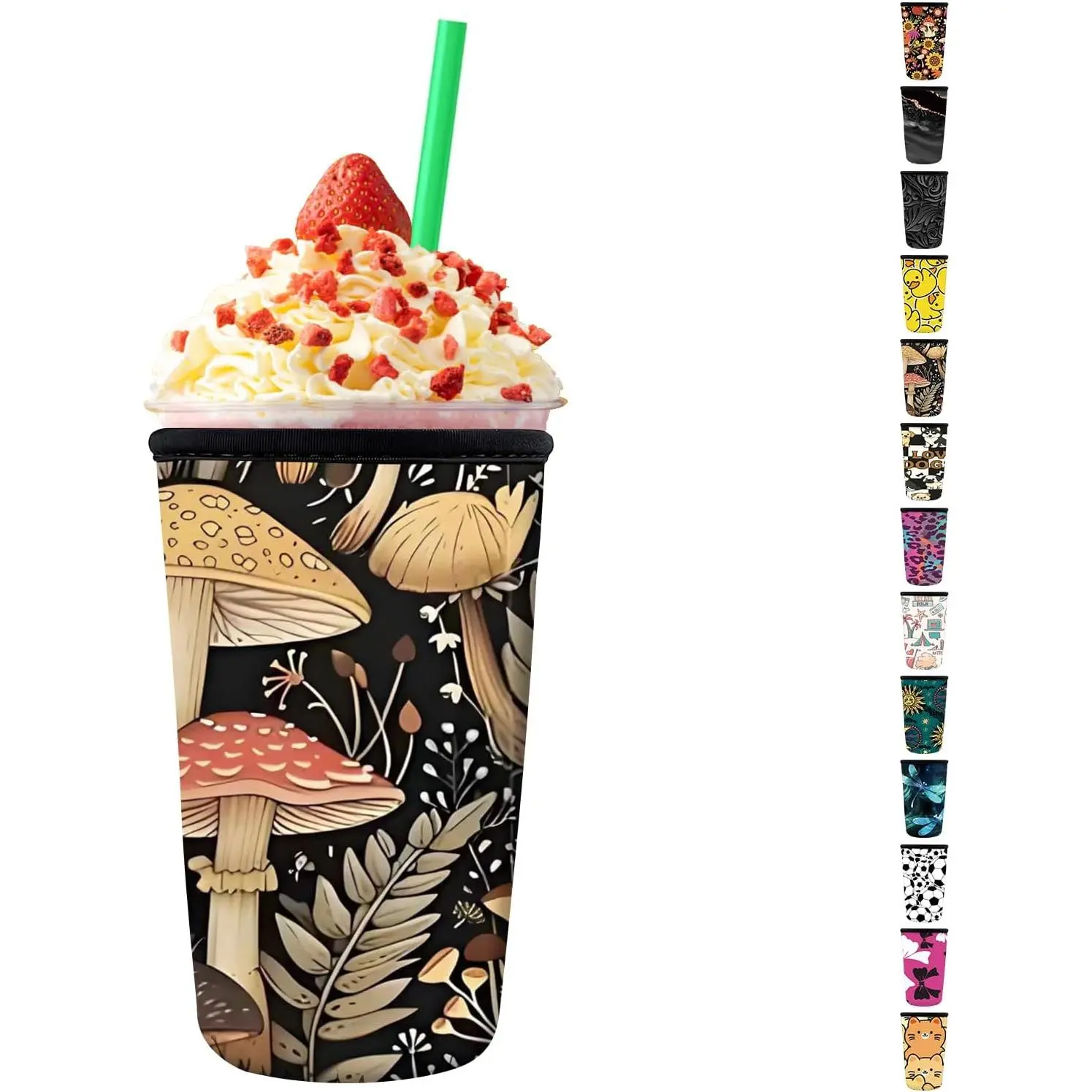 Neoprene Insulator Sleeve for Iced Coffee Cups, Medium 22-28oz Durable Drink Sleeve for Cold Beverages, Cute Beverage Holder Cup Sleeve for Women Men Cute Mushroom