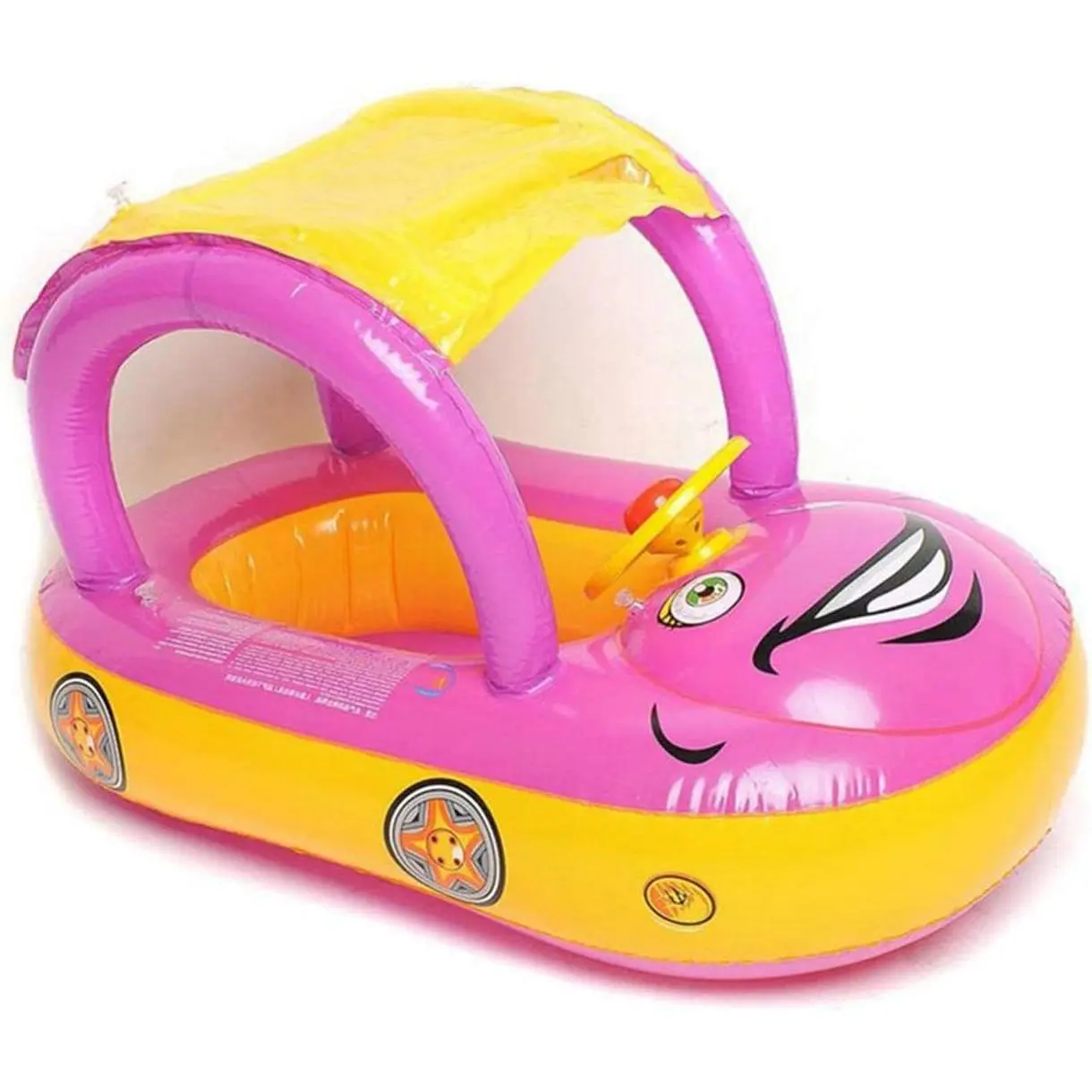 Unisex Car Shape Infant Size Baby Pool Float with Canopy, Steering Wheel Sunshade, Inflatable Swim Ring Seat Boat for Toddlers, Float Seat