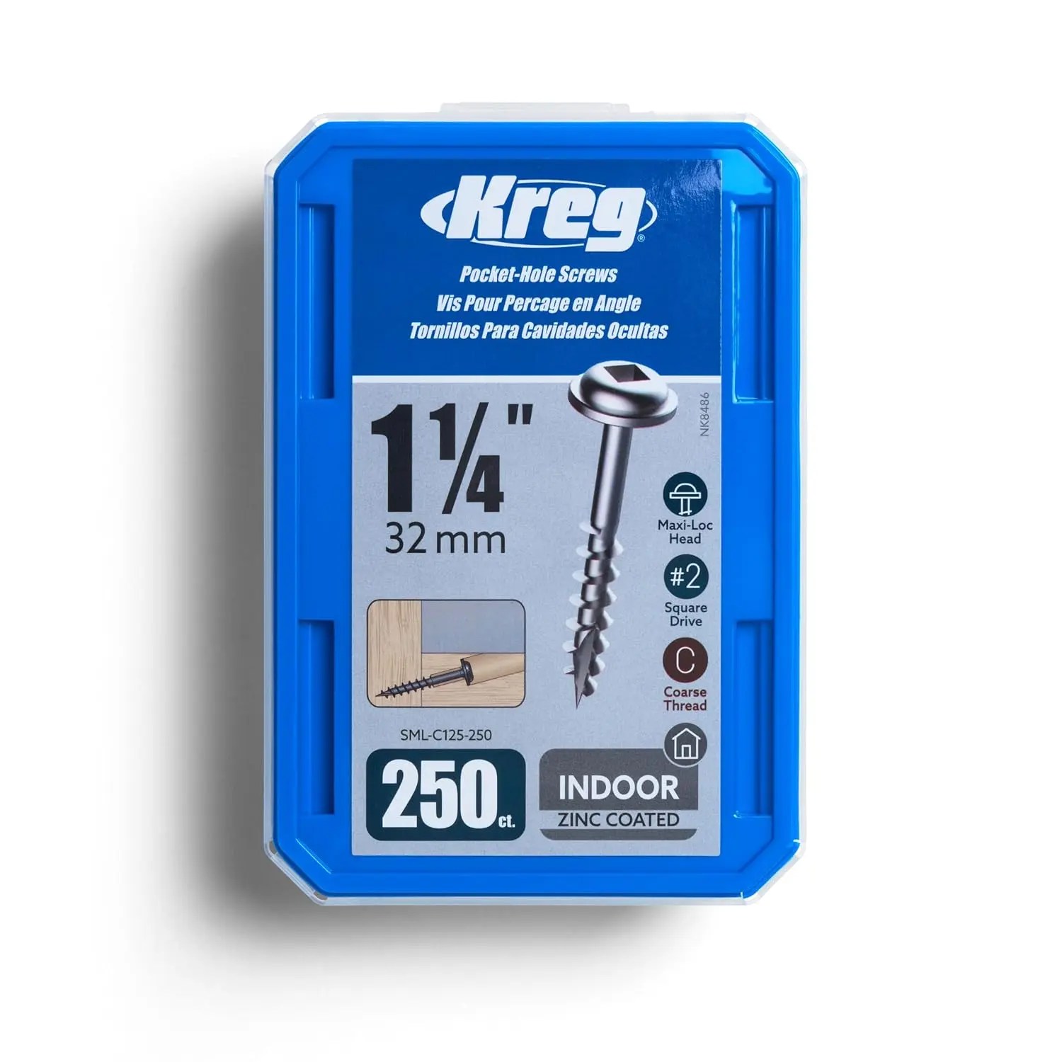 Kreg Zinc Pocket-Hole Screws - SML-C125-250 - 1-1/4 Inch - Coarse Thread - Maxi-Loc  - Indoor - 250 Count